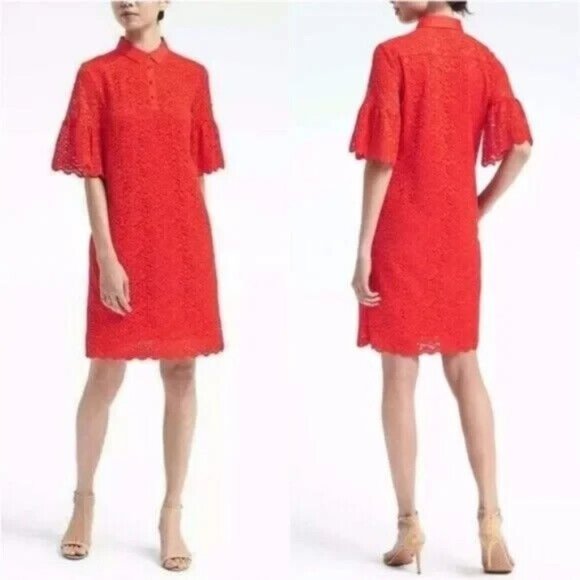 Banana Republic Dress Red Floral Polo Lace Flutter Sleeve - Picture 2 of 11